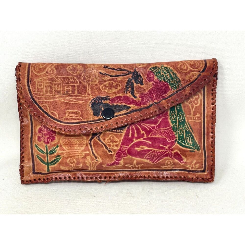 Vintage Hand Tooled Leather Clutch Boho Bag - Shantiniketan India & Hand Painted
